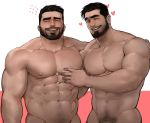  2boys abs bara beard body_hair chest chest_hair couple cropped_legs facial_hair highres jang_ju_hyeon male_focus male_pubic_hair manly multiple_boys muscle nipples one_eye_closed original pectoral_grab pectorals pubic_hair shirtless simple_background tongue tongue_out yaoi 