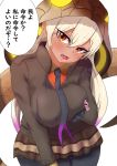  1girl akaisuto black_legwear blonde_hair breast_lift breasts brown_jacket collared_jacket collared_shirt commentary_request cowboy_shot drawstring eyebrows_visible_through_hair eyes_visible_through_hair fangs forked_tongue gloves hair_between_eyes head_tilt highres hood hood_up jacket kemono_friends king_cobra_(kemono_friends) large_breasts leaning_forward long_hair long_sleeves microskirt multicolored_hair necktie open_mouth pantyhose partially_unzipped purple_hair red_eyes shirt simple_background skirt smile snake_tail solo tail tan tareme teasing tongue translation_request two-tone_hair unaligned_breasts white_background wing_collar zipper 