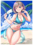  1girl absurdres ass_visible_through_thighs beach bikini blue_eyes bob_cut bracelet breasts brown_hair cleavage cloud commentary cowboy_shot crossed_legs earrings eyebrows_visible_through_hair food front-tie_bikini front-tie_top highres holding holding_food ice_cream jewelry large_breasts looking_at_viewer love_live! love_live!_superstar!! mountain multicolored_hair navel one_eye_closed palm_tree popsicle purple_hair rama_(yu-light8) shiny shiny_skin short_hair skirt smile solo stomach streaked_hair swimsuit tang_keke tree w 