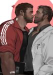  2boys :0 abs bara beard blush body_hair chest chest_hair couple doctor facial_hair glasses highres imminent_kiss jang_ju_hyeon male_focus manly multiple_boys muscle nipples original pectoral_docking pectorals simple_background sleeves_rolled_up sweatdrop yaoi 