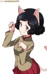  1girl animal_ears artist_name bangs black_hair blush_stickers brown_jacket cat_ears cat_tail chi-hatan_school_uniform closed_mouth commentary curly_hair girls_und_panzer high_collar jacket kayabakoro kemonomimi_mode long_sleeves looking_at_viewer miniskirt paw_pose pleated_skirt red_skirt school_uniform short_hair simple_background skirt smile solo standing swept_bangs tail teramoto_(girls_und_panzer) twitter_username white_background 