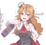  2girls alcohol armpit_cutout bangs blonde_hair bottle breasts flying_sweatdrops grey_hair hat holding holding_bottle kantai_collection large_breasts long_hair long_sleeves mini_hat multiple_girls open_mouth out_of_frame pola_(kantai_collection) red_neckwear ruohire9 simple_background skirt solo_focus sweat tears white_background zara_(kantai_collection) 