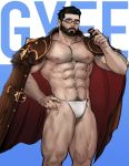  1boy abs bara beard body_hair bulge chest chest_hair facial_hair fundoshi gyee highres jacket jacket_on_shoulders jang_ju_hyeon japanese_clothes looking_at_viewer male_focus male_underwear manly muscle nipples pectorals shirtless simple_background thick_thighs thighs underwear vundo_(gyee) 