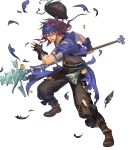  1boy alternate_costume belt boots feathers fingerless_gloves fire_emblem fire_emblem:_the_binding_blade fire_emblem_heroes full_body geese_(fire_emblem) gloves hat hat_removed headband headwear_removed highres long_hair official_art open_mouth pirate_hat polearm purple_eyes purple_hair solo spear teeth torn_clothes transparent_background weapon 