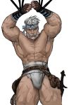  1boy abs bara beard body_hair bound bound_wrists bulge chest facial_hair fundoshi granblue_fantasy highres jang_ju_hyeon japanese_clothes looking_at_viewer male_focus male_underwear manly muscle nipples pectorals scar shirtless simple_background soriz thick_thighs thighs underwear 
