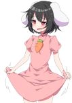  1girl animal_ears black_hair blush bright_pupils bunny_ears carrot_necklace commentary_request cowboy_shot dress eyebrows_visible_through_hair fang high_collar highres inaba_tewi lifted_by_self looking_to_the_side motion_lines open_mouth pink_dress puffy_short_sleeves puffy_sleeves red_eyes short_hair short_sleeves simple_background skin_fang skirt skirt_lift solo standing sweat touhou tsukimirin white_background white_pupils 