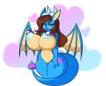  anthro areola big_areola big_nipples blue_areola blue_body blue_nipples blue_skin blush brown_hair curvy_figure dragon female genitals green_eyes hair hi_res horn long_hair long_tail looking_at_viewer membrane_(anatomy) membranous_wings navel nipples pussy scalie simple_background solo tehbuttercookie thick_tail thick_thighs wings 