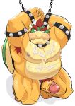  2020 absurd_res anthro art_hoshi belly blush bodily_fluids bowser bowser_day chained cum cum_on_stomach cute_fangs genital_fluids genitals hi_res kemono koopa male mario_bros moobs nintendo nipples overweight overweight_anthro overweight_male penis scalie simple_background solo text video_games white_background 