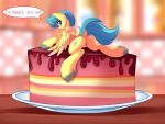  4:3 absurd_res airiniblock anus blue_mane blue_tail blurred_background cake clitoral_winking clitoris dialogue dock equid equine fan_character female feral food fur genitals hasbro hi_res looking_at_viewer looking_back mammal mane micro my_little_pony pegasus pussy solo wings yellow_body yellow_fur 