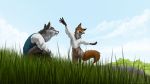  16:9 2020 anthro brown_body brown_fur canid canine canis clothed clothing cloud detailed_background duo eyes_closed fox fully_clothed fur grass grey_body grey_fur ipoke low-angle_view mammal open_mouth open_smile outside rock sitting sky smile widescreen wolf 