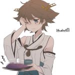  1girl bangs blue_eyes breasts brown_hair censored censored_food closed_mouth crying dated detached_sleeves eyebrows_visible_through_hair headgear hiei_(kantai_collection) highres holding japanese_clothes kantai_collection nontraditional_miko one_eye_closed ribbon-trimmed_sleeves ribbon_trim rubbing_eyes ruohire9 short_hair simple_background solo tears twitter_username white_background 