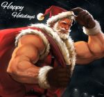  1boy bara beard body_hair chest chest_hair christmas facial_hair hat highres jang_ju_hyeon looking_at_viewer male_focus manly muscle original santa_claus santa_costume santa_hat shirtless simple_background sleeveless white_hair 