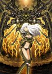  1girl arms_under_breasts bangs breasts chain cleavage energy eyebrows_visible_through_hair floating_hair flying garimpeiro glowing glowing_eyes green_eyes highres long_hair looking_at_viewer looking_down looking_to_the_side mecha mechanical_wings midriff midriff_cutout navel open_hands original white_hair wings 