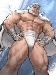  1boy abs bara beard body_hair bulge chest facial_hair fundoshi granblue_fantasy highres jang_ju_hyeon japanese_clothes looking_at_viewer male_focus male_underwear manly muscle mustache nipples pectorals scar shirtless simple_background soriz thick_thighs thighs underwear 