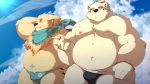  2020 anthro belly black_nose bulge canid canine canis clothing cu_sith_(tas) domestic_dog dosanco15 duo hi_res kemono leib_(tas) male male/male mammal moobs nipples outside overweight overweight_male polar_bear scarf swimwear tokyo_afterschool_summoners ursid ursine video_games 