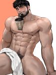  1boy abs bara beard between_pecs body_hair bubble_tea_challenge bulge chest chest_hair facial_hair highres jang_ju_hyeon looking_at_viewer male_focus manly muscle naked_towel nipples object_on_pectorals original pectorals shirtless simple_background thick_thighs thighs towel 