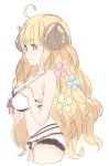  1girl ahoge anila_(granblue_fantasy) bangs bare_arms bare_shoulders bikini blonde_hair blue_flower breasts brown_eyes cowboy_shot cropped_legs curled_horns draph eyebrows_visible_through_hair flower from_side granblue_fantasy hair_flower hair_ornament halter_top halterneck horns large_breasts long_hair looking_away meito_(maze) navel pink_flower sheep_horns short_eyebrows simple_background solo standing swimsuit thick_eyebrows very_long_hair white_background white_bikini yellow_flower 