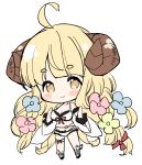  1girl ahoge anila_(granblue_fantasy) bikini blonde_hair blue_flower blush_stickers bow breasts brown_eyes chibi cleavage closed_mouth curled_horns draph flower full_body granblue_fantasy hair_bow hair_flower hair_ornament hands_up horns large_breasts long_hair long_sleeves looking_at_viewer meito_(maze) pink_flower red_bow sheep_horns short_eyebrows simple_background smile solo standing swimsuit thick_eyebrows very_long_hair white_background white_bikini wide_sleeves yellow_flower 