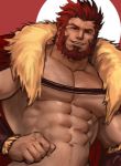  1boy abs bara beard body_hair cape chest chest_hair facial_hair fate/zero fate_(series) highres iskandar_(fate) jang_ju_hyeon leather looking_at_viewer male_focus manly muscle nipples pectorals red_eyes red_hair shirtless simple_background smile solo 