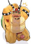  2020 absurd_res anthro art_hoshi belly blush bodily_fluids bowser bowser_day chained cum cum_on_stomach cute_fangs genital_fluids genitals hi_res kemono koopa male mario_bros moobs nintendo nipples overweight overweight_anthro overweight_male penis penis_shadow scalie simple_background solo text video_games white_background 