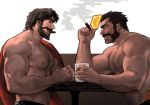  2boys abs bara beard body_hair brown_hair chest chest_hair cigar crossover facial_hair jang_ju_hyeon looking_at_another malcolm_graves male_focus manly mccree_(overwatch) multiple_boys muscle nipples original overwatch pectorals shirtless simple_background 