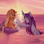  1:1 absurd_res applejack_(mlp) duo equid equine female feral freckles friendship_is_magic hair hasbro hi_res horn inner_tube mammal my_little_pony one_eye_closed partially_submerged rarity_(mlp) splash unicorn water wet_hair xjenn9 