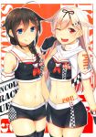  2girls absurdres adapted_costume ahoge black_gloves blonde_hair blue_eyes blush body_writing braid breasts brown_hair catchphrase checkered choker closed_mouth collarbone gloves hair_flaps hair_ornament hair_ribbon hairclip highres holding horosuke_(toot08) kantai_collection long_hair looking_at_viewer medium_breasts midriff miniskirt multiple_girls navel one_eye_closed open_mouth poi race_queen red_background red_eyes remodel_(kantai_collection) ribbon scan scarf school_uniform serafuku shigure_(kantai_collection) shiny shiny_hair shiny_skin short_shorts shorts simple_background single_braid skirt smile stomach tattoo thighhighs tied_hair yuudachi_(kantai_collection) zettai_ryouiki 