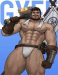  1boy abs bara beard black_hair body_hair bulge chest chest_hair facial_hair gyee highres jang_ju_hyeon male_focus male_underwear manly muscle navel nipples over_shoulder pectorals shirtless sig_(gyee) simple_background smile solo thick_thighs thighs underwear upper_body weapon weapon_over_shoulder 