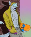  absurd_res anthro bulge canid canine canis hi_res humanoid leaning male mammal package skateboard skater solo tentreesart vaporwave wolf 