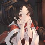  1girl black_hair brown_eyes chin_rest dated fang headgear high_ponytail highres japanese_clothes kantai_collection lips long_hair miko multi-tied_hair nisshin_(kantai_collection) ponytail ruohire9 short_eyebrows skin_fang smile solo twitter_username wide_sleeves 