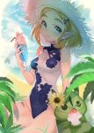  1girl alternate_costume aqua_eyes bangs bare_legs beach blonde_hair blue_sky blue_swimsuit blurry blush breasts closed_mouth cloud cloudy_sky commentary day depth_of_field drink drinking_straw earrings eyelashes floral_print flower food glint hair_ornament hairclip hat highres holding holding_drink ice_cream jewelry korok leaf lips looking_at_viewer medium_breasts one-piece_swimsuit outdoors parted_bangs pointy_ears princess_zelda shaved_ice short_hair shuri_(84k) sitting sky sleeveless smile solo_focus sparkle straw_hat sundae sunflower swimsuit symbol_commentary the_legend_of_zelda the_legend_of_zelda:_breath_of_the_wild the_legend_of_zelda:_breath_of_the_wild_2 thick_eyebrows thighs triforce turtleneck twitter_username two-tone_swimsuit white_swimsuit 