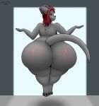  absurd_res anthro big_butt breasts butt demon domestic_cat doorway felid feline felis female floating fluffy fur grey_body grey_fur gyro-furry hair half-closed_eyes hi_res horn huge_butt hyper hyper_butt ira_aetheria looking_at_viewer mammal narrowed_eyes nude pawpads paws rear_view red_eyes red_hair red_sclera shrug simple_background smile solo thick_thighs 