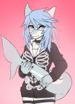  2020 5_fingers anthro blue_eyes breasts digital_media_(artwork) eyebrows eyelashes eyewear female fingers fish glasses hi_res marine nayeliefox non-mammal_breasts shark simple_background smile solo 