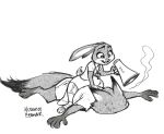  2016 anthro bodily_fluids canid canine clothed clothing disney duo ears_back fox fully_clothed fur hi_res judy_hopps lagomorph leporid mammal megaphone monochrome nick_wilde nijuukoo on_top pivoted_ears rabbit red_fox signature simple_background sweat sweatdrop whistle_(object) white_background zootopia 