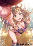  1girl artist_name bangs basket basketball blonde_hair blurry blurry_background blush bra bracelet breasts buttons cleavage collarbone covered_nipples eyebrows_visible_through_hair green_eyes holding indoors jewelry kikuzuki_tarou large_breasts long_hair open_mouth original scan shiny shiny_hair shiny_skin shirt shoes sneakers solo sweat toranoana underwear underwear_only 