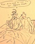  2020 annoyed anthro antlers beastars bed bed_sheet bedding bodily_fluids canid canine canis cervid cervine cum duo fur furniture genital_fluids horn legoshi_(beastars) louis_(beastars) male male/male mammal messy nude pillow red_deer speech_bubble sweat text traditional_media_(artwork) wolf wuffinarts 