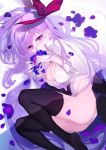  1girl ass bb_(fate)_(all) blush breasts cleavage eyebrows_visible_through_hair fate/grand_order fate_(series) feet_out_of_frame flower hair_between_eyes highres large_breasts long_hair looking_at_viewer lying on_side purple_eyes purple_hair smile solo thighhighs yaguo 