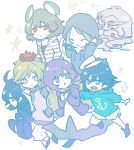  1boy 6+girls ahoge anchor_symbol animal_ears black_hair black_legwear blonde_hair blue_hair blue_hoodie casual closed_eyes commentary dress flower hair_flower hair_ornament hands_in_pockets hat hijiri_byakuren hood hood_down hood_up hoodie houjuu_nue kumoi_ichirin long_hair long_sleeves lowres mouse_ears multicolored_hair multiple_girls murasa_minamitsu nazrin open_mouth parmesan_(168n) purple_hair purple_hoodie red_eyes short_hair smile star_(symbol) streaked_hair striped_hoodie thighhighs toramaru_shou touhou two-tone_hair ufo unzipped white_background white_dress white_headwear yellow_eyes 