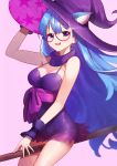  1girl animal_ears bare_shoulders blue_hair breasts broom dress glasses hat highres large_breasts long_hair marija_(muse_dash) muse_dash purple_eyes scar solo spica_(starlitworks) very_long_hair witch witch_hat 