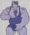  2017 abstract_background absurd_res anthro barazoku big_muscles big_pecs bodily_fluids body_hair body_writing bulge bulge_grab chest_hair clothing_pull deltoids facial_hair genitals hair hi_res horn looking_at_viewer male mammal muscular muscular_anthro muscular_male mutton_chops nightterror nipples pecs penis penis_grab rhinocerotoid sideburns simple_background solo sweat teeth wrestling_singlet 