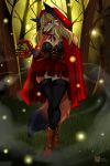  absurd_res anthro blonde_hair canid canine clothing female forest fox fur hair hi_res little_red_riding_hood_(copyright) mammal solo tree tutifruti_(artist) 