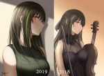  artist_name artist_progress black_dress blush breasts brown_background brown_eyes brown_hair cleavage dated dress eyebrows_visible_through_hair girls_frontline green_shirt hair_between_eyes hair_ribbon long_hair looking_at_viewer m4a1_(girls_frontline) medium_breasts multicolored_hair ribbon selcky shirt simple_background solo 