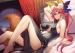  1girl animal_ear_fluff animal_ears bangs bare_shoulders black_dress blue_bow blush bow breasts center_opening china_dress chinese_clothes closed_mouth cosplay dress fate/extra fate/grand_order fate_(series) fox_ears fox_girl fox_tail hair_between_eyes hair_bow koyanskaya koyanskaya_(cosplay) large_breasts legs licking_lips long_hair looking_at_viewer lying muunyan_(yumenekoya) on_back on_bed pillow pink_hair ponytail side_slit sidelocks smile tail tamamo_(fate)_(all) tamamo_no_mae_(fate) tongue tongue_out underboob yellow_eyes 