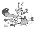  2016 anthro canid canine clothed clothing disney duo faceplant fox fully_clothed fur hi_res judy_hopps lagomorph leporid mammal megaphone monochrome nick_wilde nijuukoo on_top rabbit red_fox signature simple_background whistle_(object) white_background zootopia 