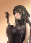  1girl black_dress breasts brown_background brown_eyes brown_hair cleavage dress eyebrows_visible_through_hair girls_frontline hair_between_eyes hair_ribbon highres instrument long_hair looking_at_viewer m4a1_(girls_frontline) medium_breasts multicolored_hair ribbon selcky solo violin violin_bow 