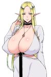  1girl breasts choker closed_mouth contrapposto covered_nipples cowboy_shot dress earrings elf half-closed_eyes hand_up huge_breasts jewelry lena_(usagi_nagomu) long_hair looking_at_viewer original pointy_ears portrait simple_background solo usagi_nagomu white_background white_dress 