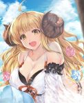  1girl ahoge anila_(granblue_fantasy) bare_shoulders bikini blonde_hair blue_sky breasts cleavage cloud cloudy_sky collarbone commentary_request day draph eyebrows_visible_through_hair flower granblue_fantasy hair_flower hair_ornament highres horns large_breasts long_hair looking_at_viewer open_mouth outdoors ryuushou sheep_horns short_eyebrows sky solo swimsuit tongue upper_body upper_teeth wavy_hair white_bikini yellow_eyes 