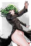  1girl ;d black_dress breasts covered_nipples dress green_eyes green_hair highres long_sleeves looking_at_viewer no_panties one-punch_man one_eye_closed open_mouth pelvic_curtain robot_cat short_hair small_breasts smile solo tatsumaki wind wind_lift 