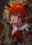  1boy bangs choker crown flower hair_between_eyes highres ink ink_on_face ink_stain ktnsn0 looking_at_viewer male_focus mini_crown open_mouth overblot red_eyes red_hair riddle_rosehearts rose shirt short_hair solo twisted_wonderland 