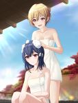  2girls absurdres bag blonde_hair blue_hair blue_sky breasts cleavage closed_mouth collarbone day eyebrows_visible_through_hair hair_between_eyes highres idolmaster idolmaster_shiny_colors morino_rinze multiple_girls naked_towel outdoors red_eyes saijou_juri shiny shiny_hair short_hair sitting sky small_breasts smile standing sunlight t.r towel washing_hair white_towel 